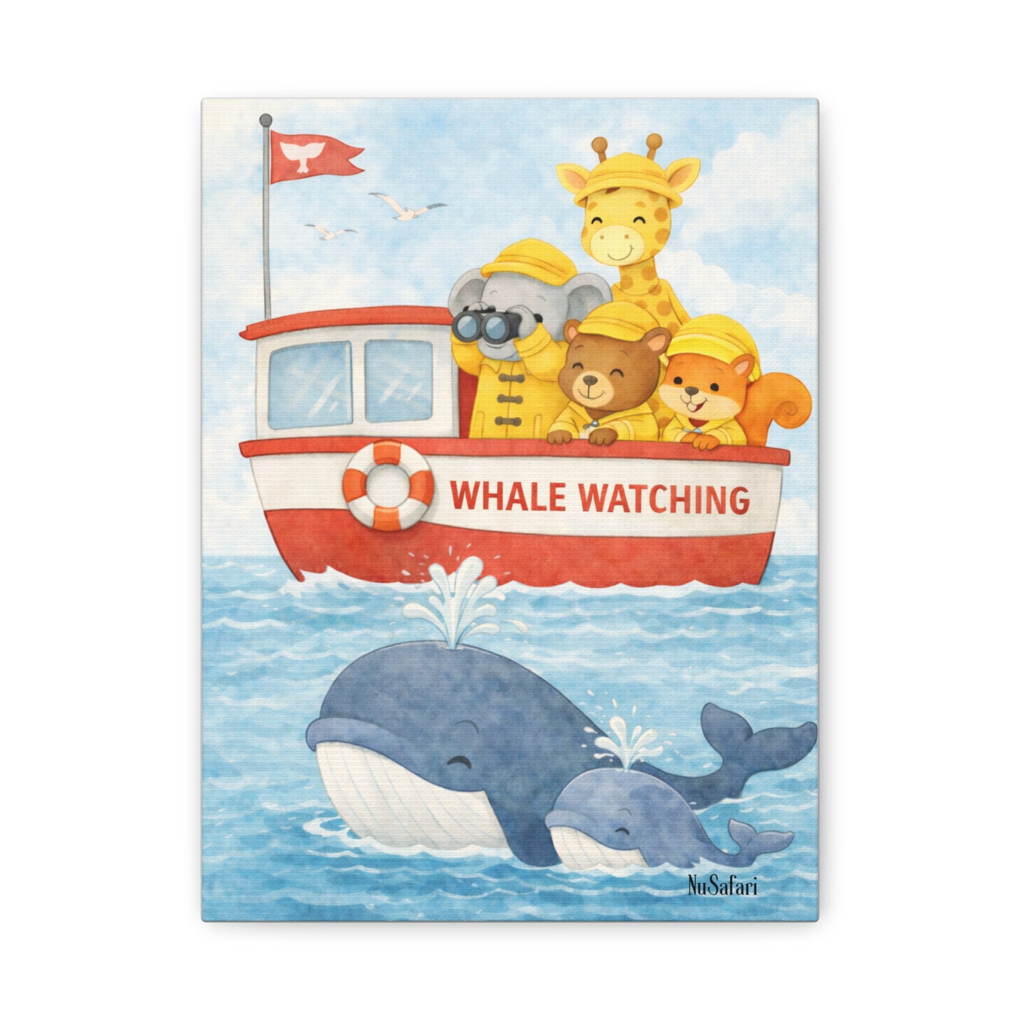 Safari Friends Ocean Helpers Whale Watching Wall Art Canvas –Cute Elephant Giraffe Nursery Decor