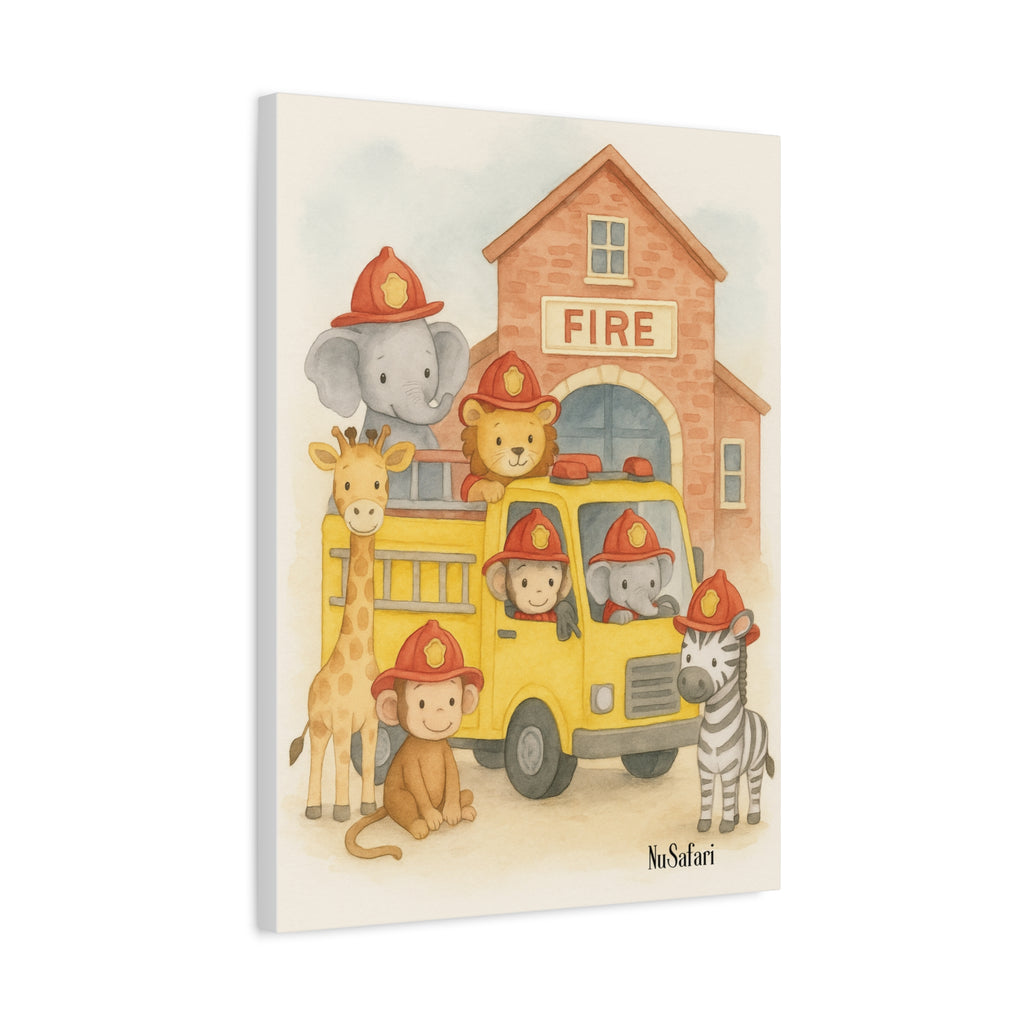 Baby Firefighter Animals Nursery Wall Art – Watercolor Safari Animals Firetruck Print, Gender-Neutral Nursery Decor