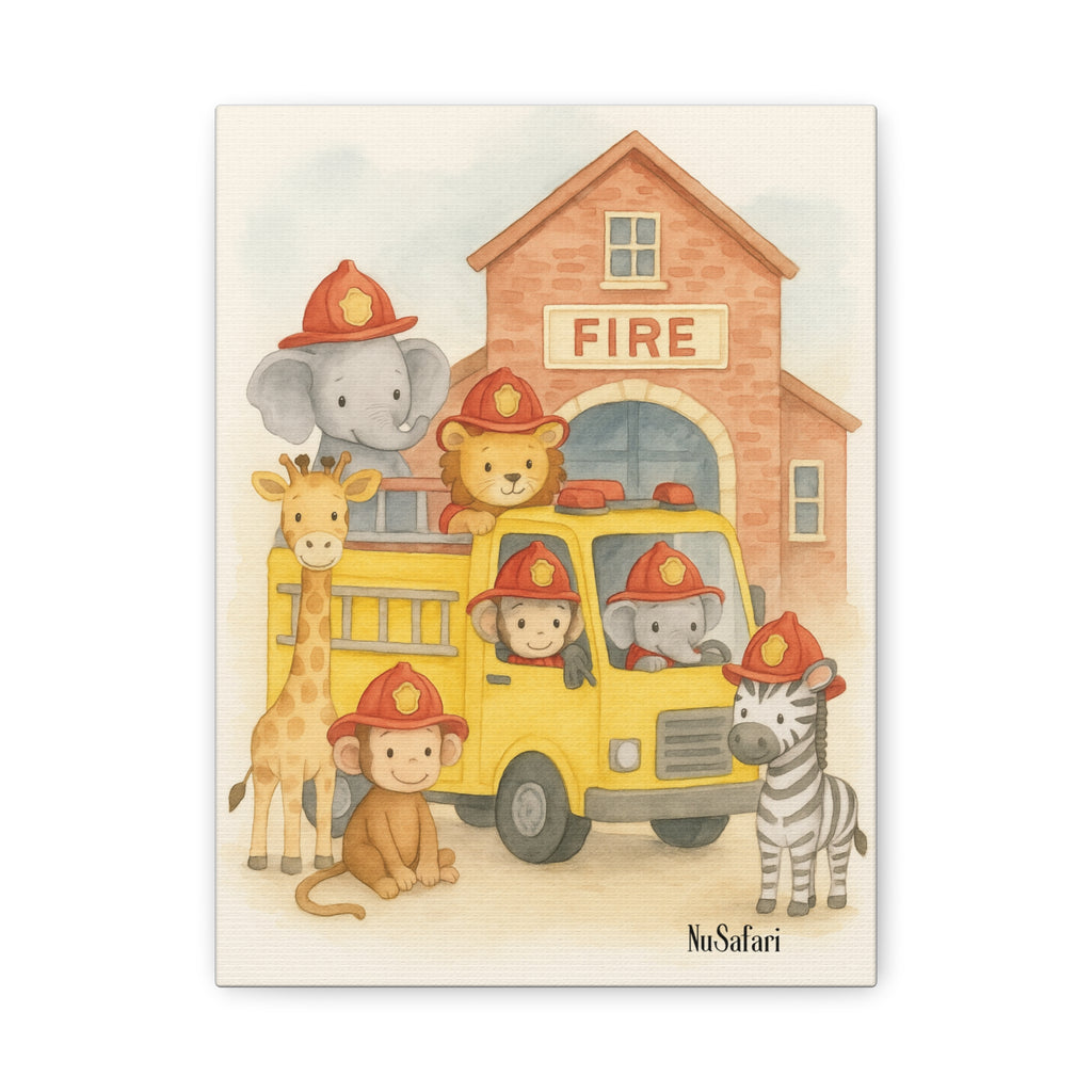 Baby Firefighter Animals Nursery Wall Art – Watercolor Safari Animals Firetruck Print, Gender-Neutral Nursery Decor