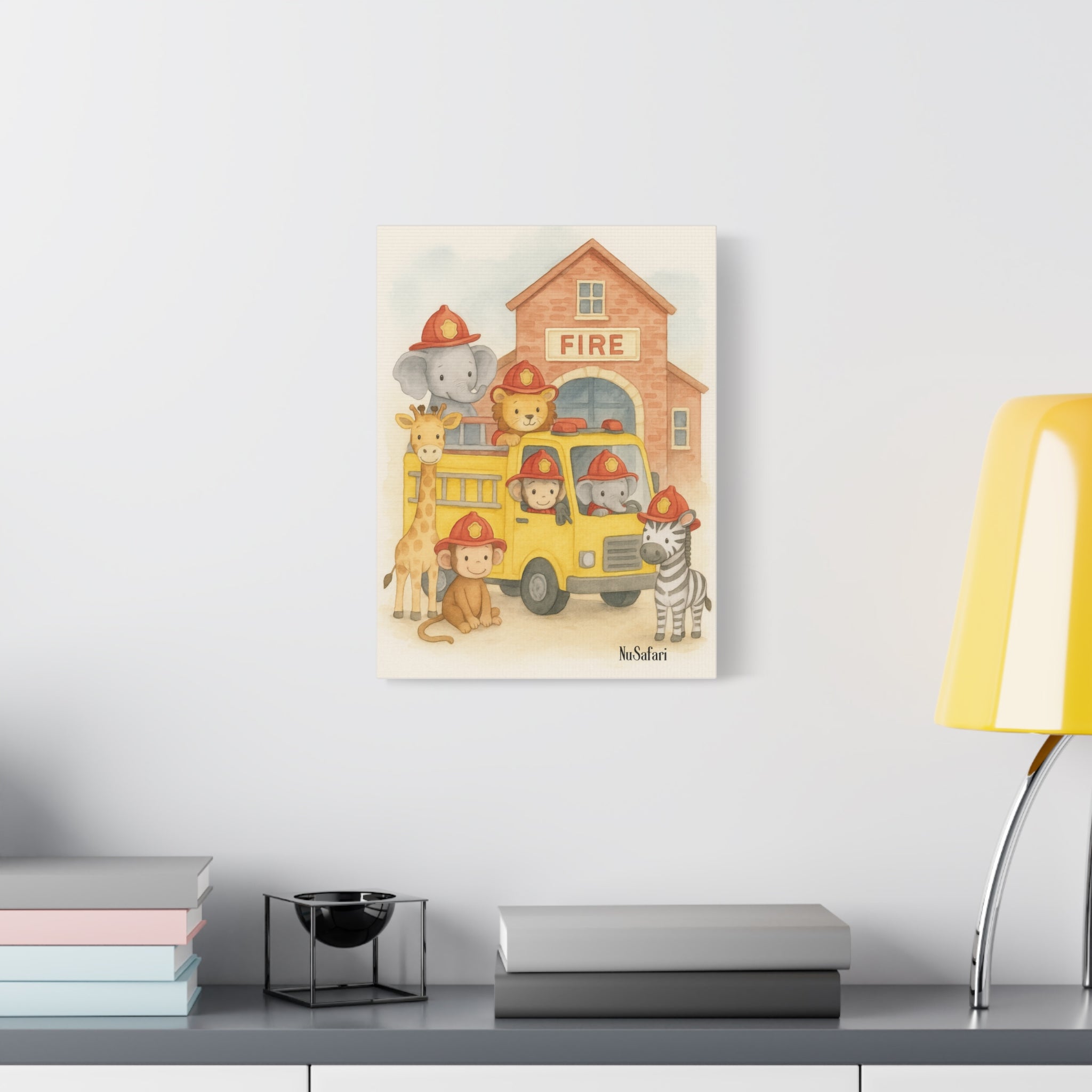 Baby Firefighter Animals Nursery Wall Art – Watercolor Safari Animals Firetruck Print, Gender-Neutral Nursery Decor