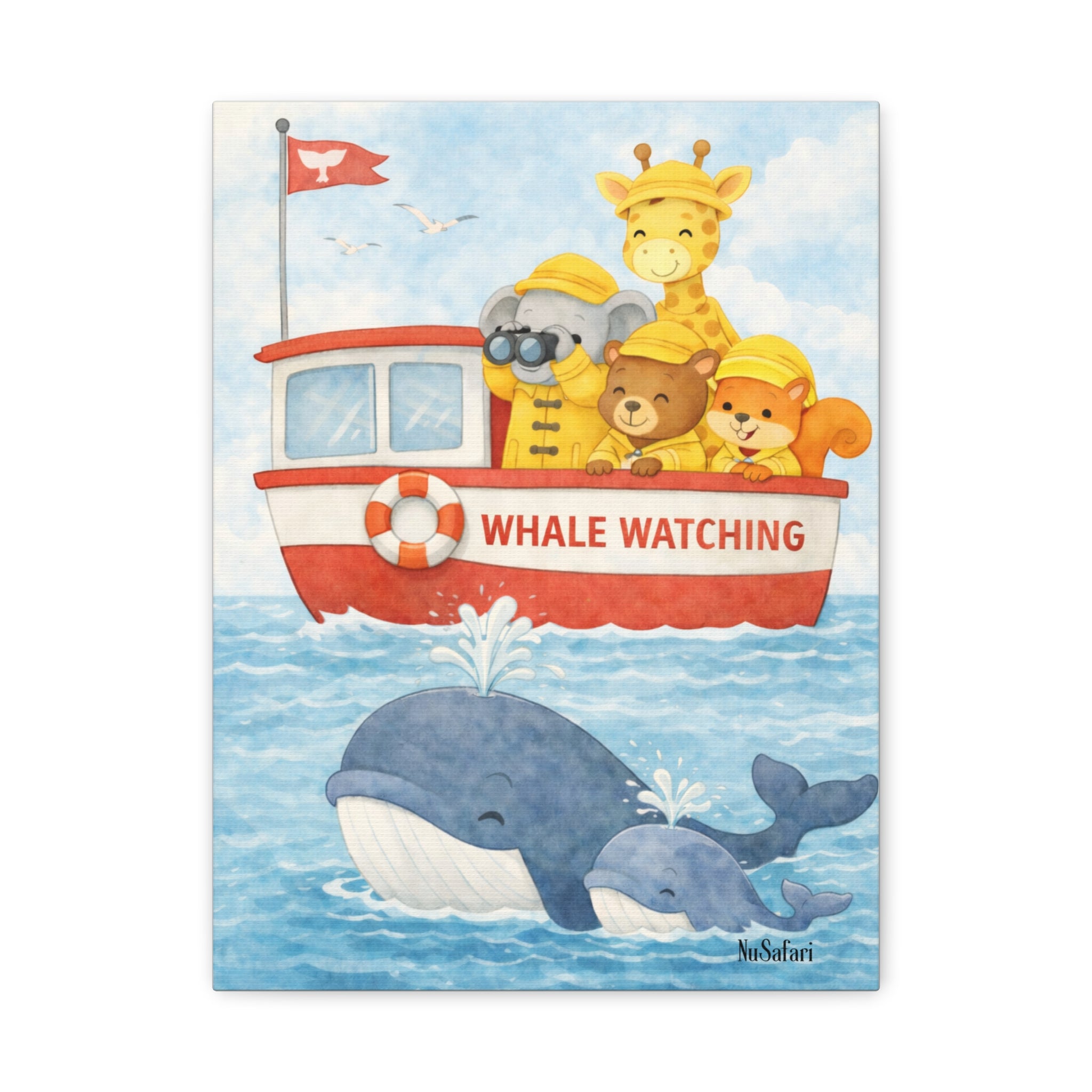Safari Friends Ocean Helpers Whale Watching Wall Art Canvas –Cute Elephant Giraffe Nursery Decor