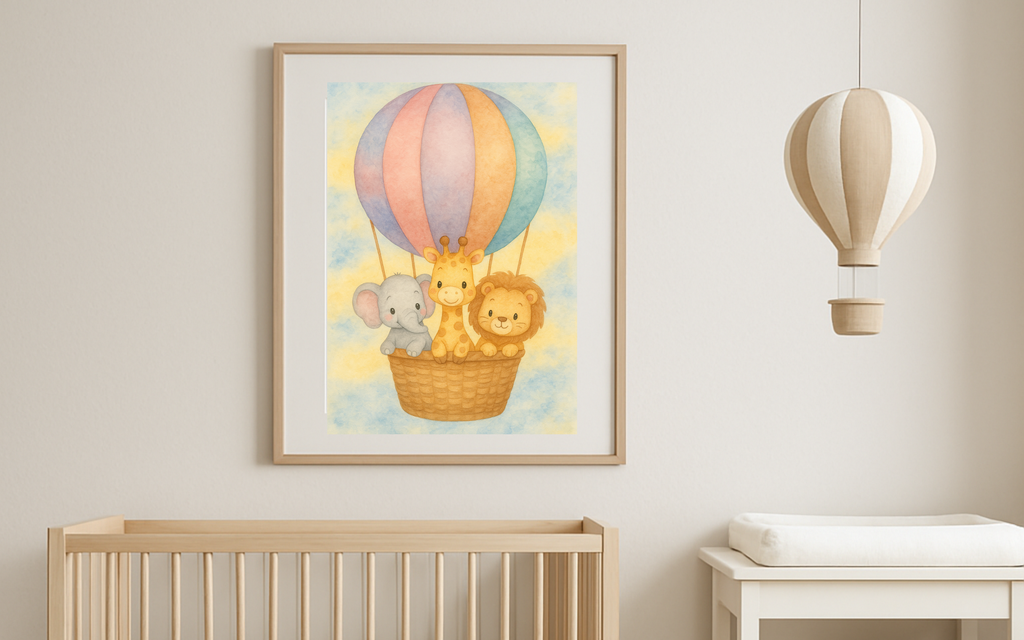 Baby Animals Hot Air Balloon Nursery Wall Art – Watercolor Safari Animals Print, Gender-Neutral Baby Room Decor