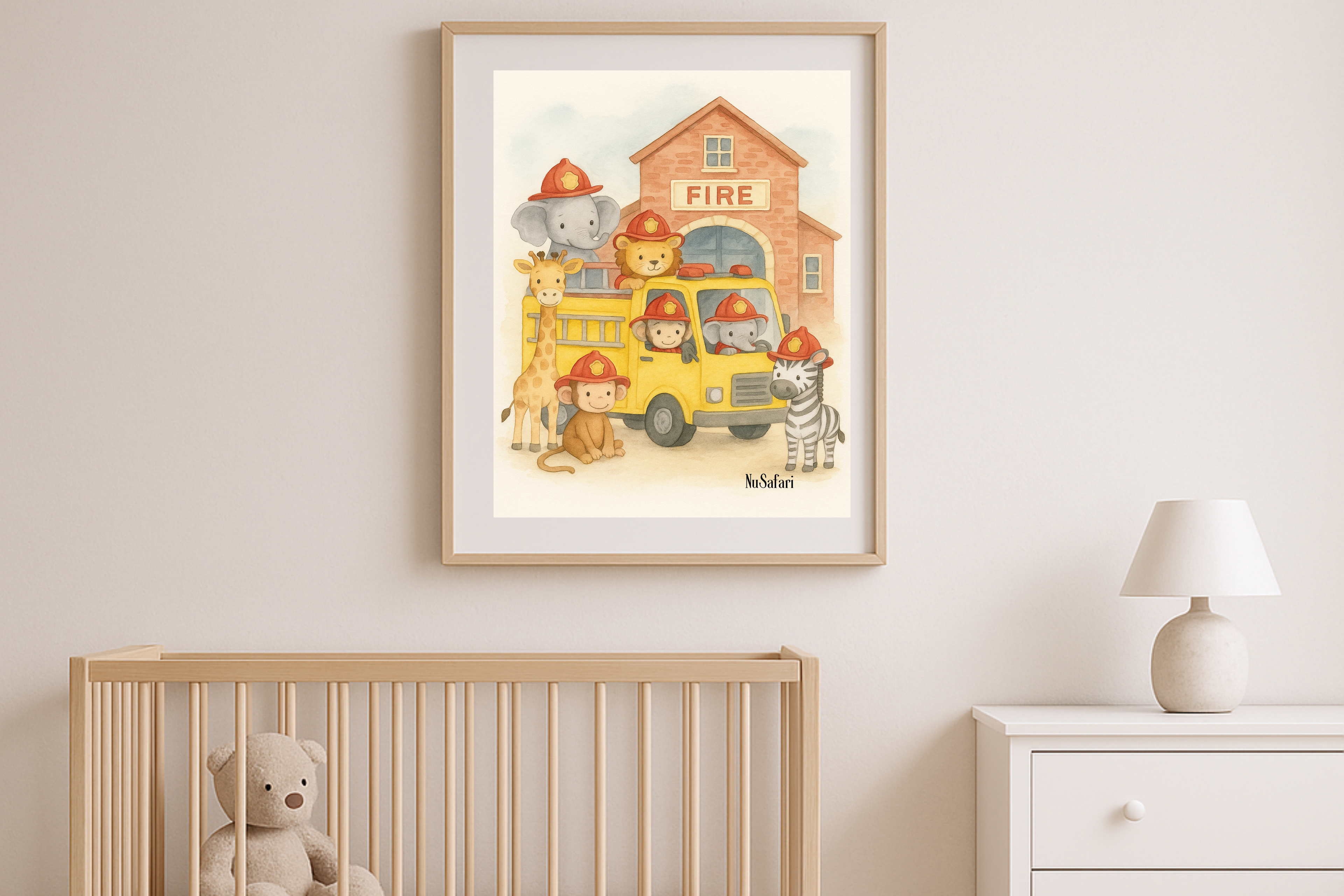 Baby Firefighter Animals Nursery Wall Art – Watercolor Safari Animals Firetruck Print, Gender-Neutral Nursery Decor