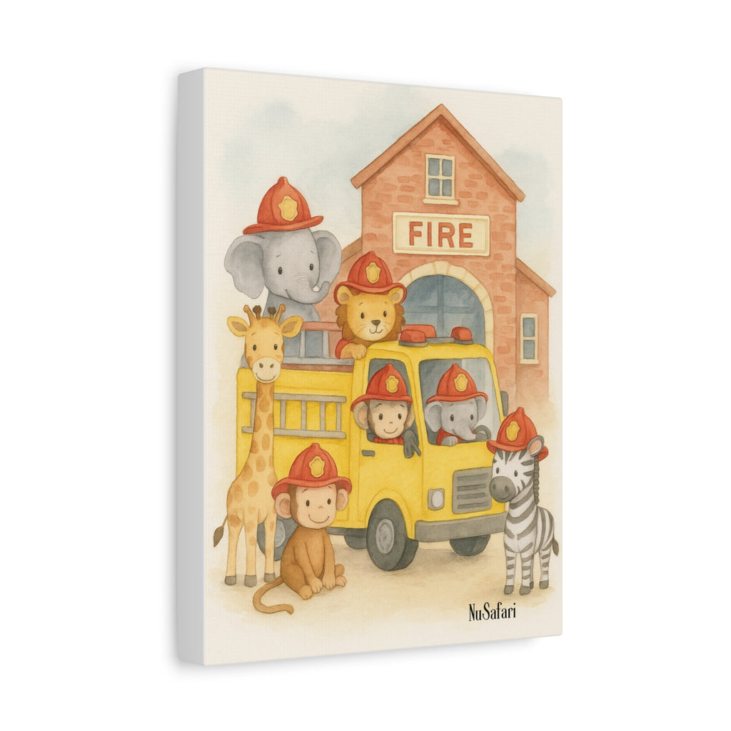 Baby Firefighter Animals Nursery Wall Art – Watercolor Safari Animals Firetruck Print, Gender-Neutral Nursery Decor