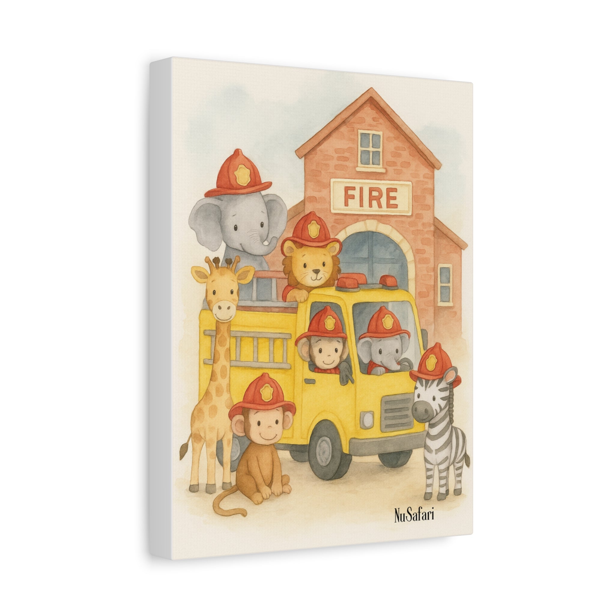 Baby Firefighter Animals Nursery Wall Art – Watercolor Safari Animals Firetruck Print, Gender-Neutral Nursery Decor