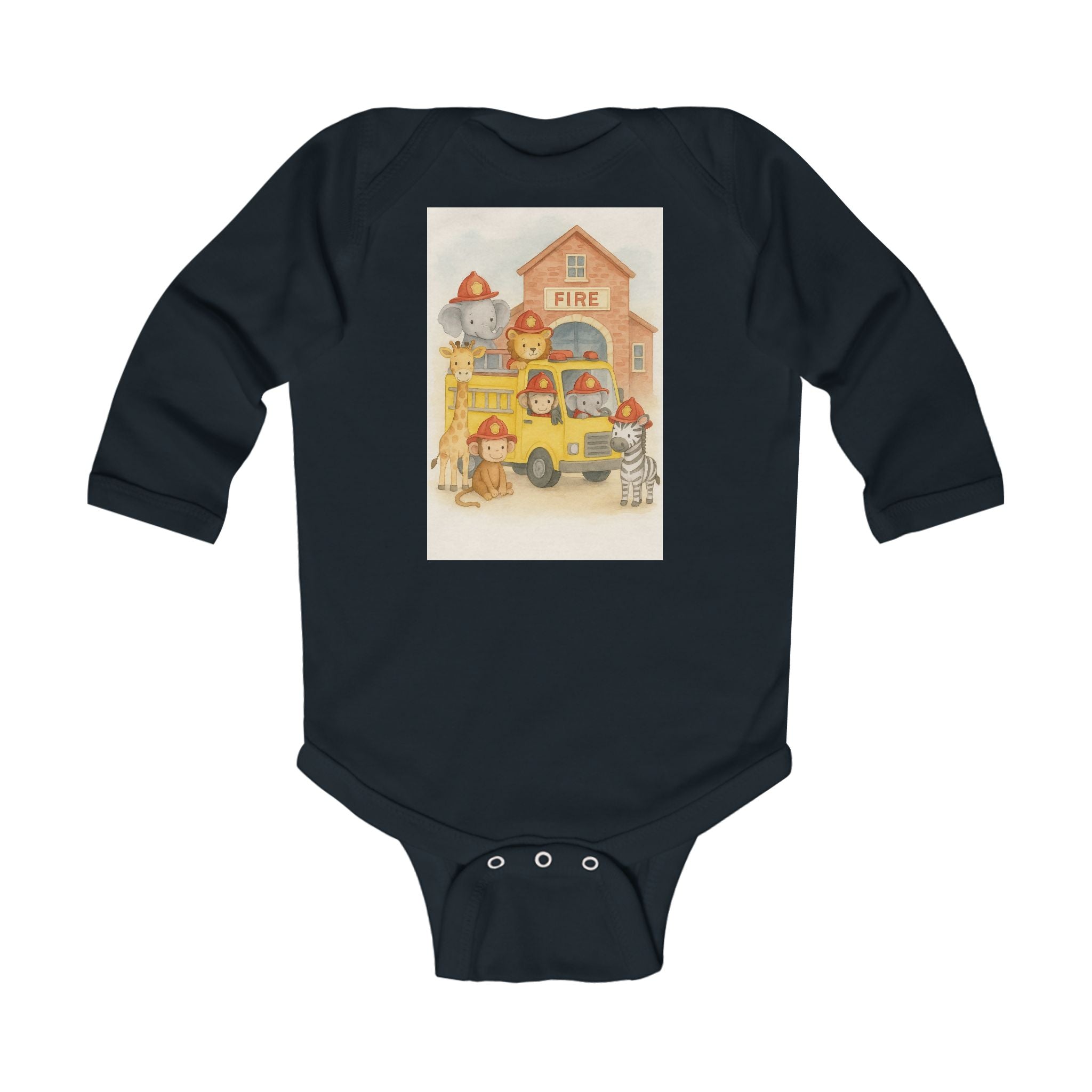 Infant Bodysuit — Yellow Firetruck & Animal Fireman Baby Onesie