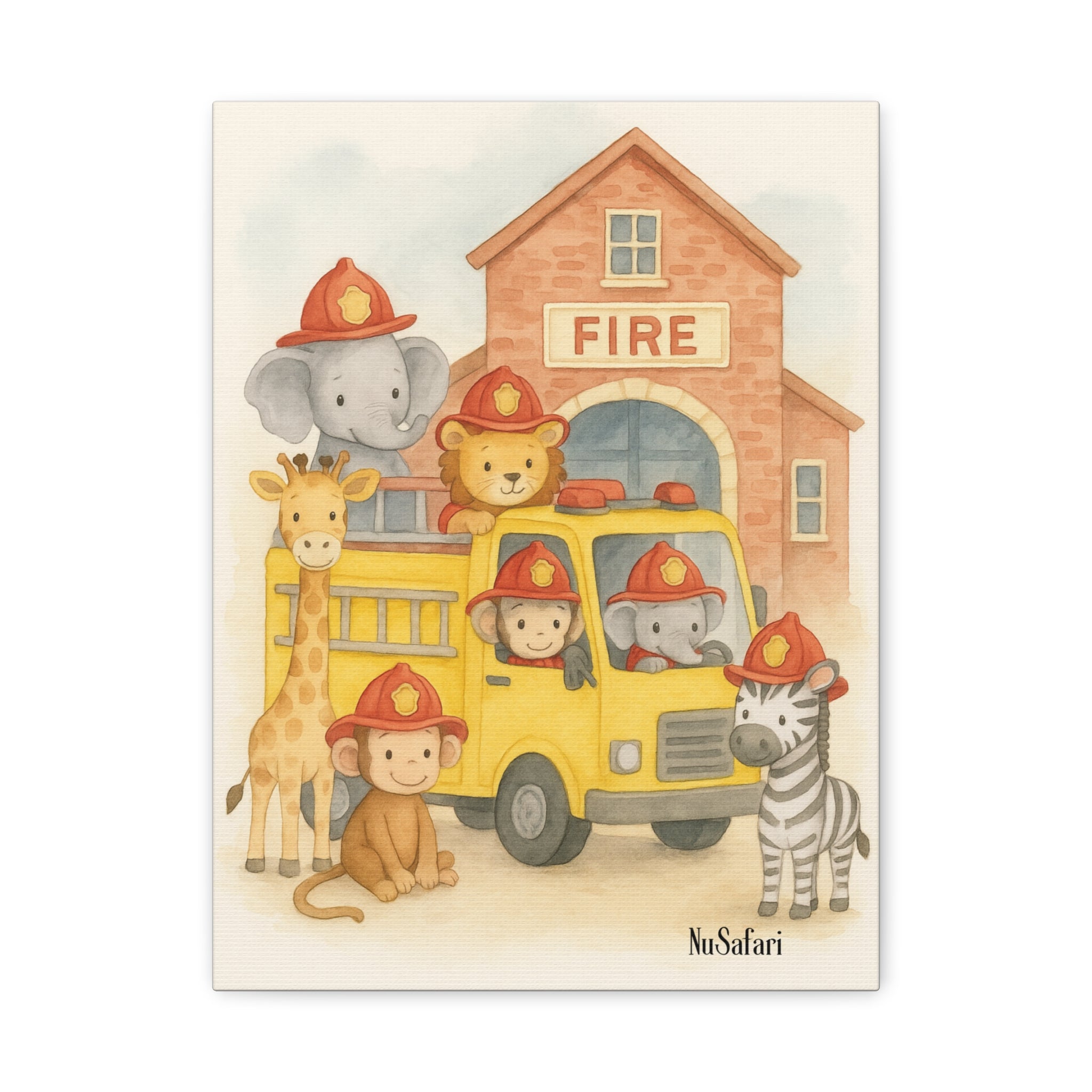 Baby Firefighter Animals Nursery Wall Art – Watercolor Safari Animals Firetruck Print, Gender-Neutral Nursery Decor